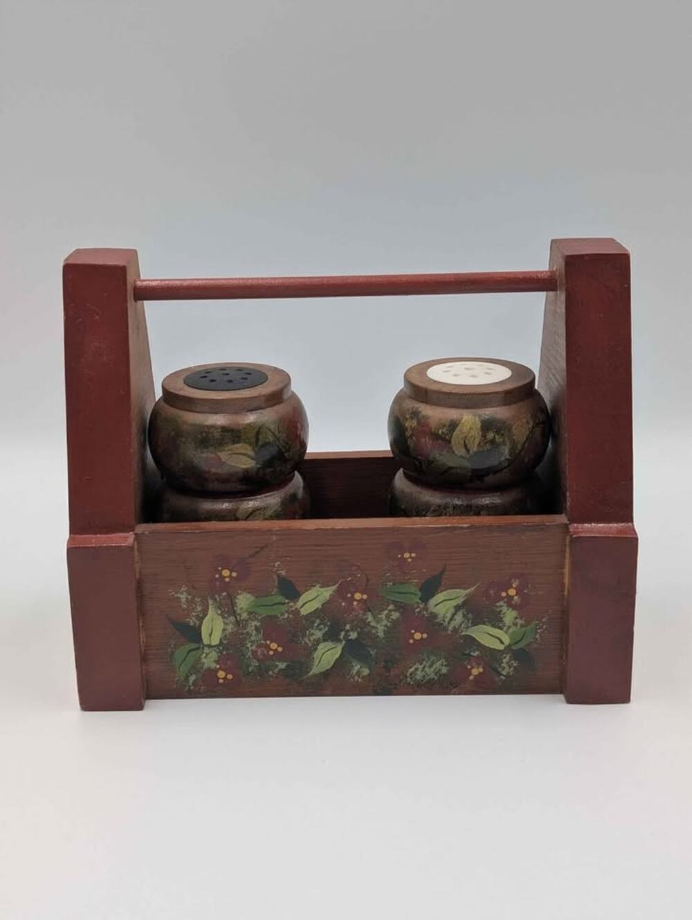 Hand-Painted Floral Wooden Salt and Pepper Shaker Set with Caddy